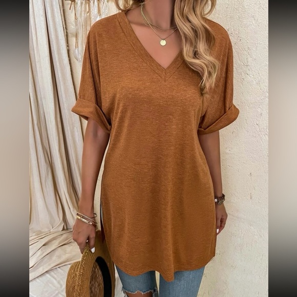 Boho casual V neck side slit oversized top - Picture 6 of 15